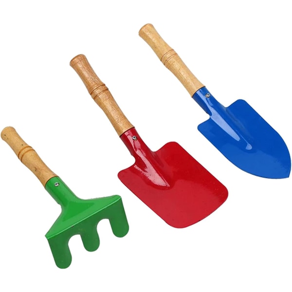 Malt mini metall spade rake og hageverktøy for barn Strandleker i forskjellige farger, 3-delt sett.