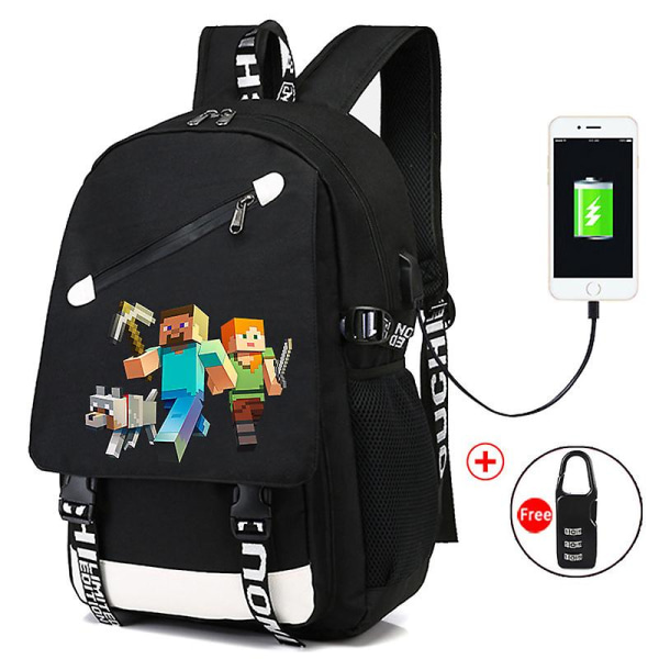 Minecraft Rygsæk Sort Usb Oplader Port Vandtæt rejsetasker Skoletaske 15 Computer Business Taske Vandtæt Mochilas Gold