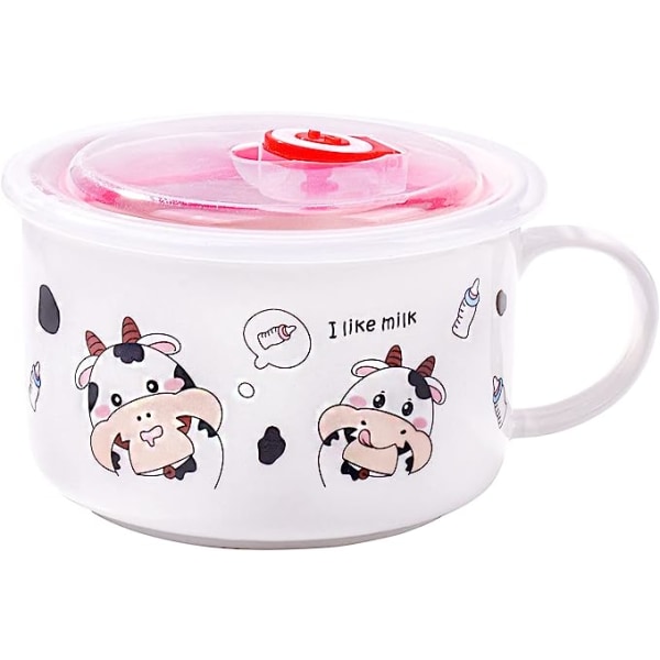 Keramisk skål med låg og håndtag, Cute Cows Design, Mikrobølgeovn til Instant Noodle Sara, Cereal Bowl (sort mælk)