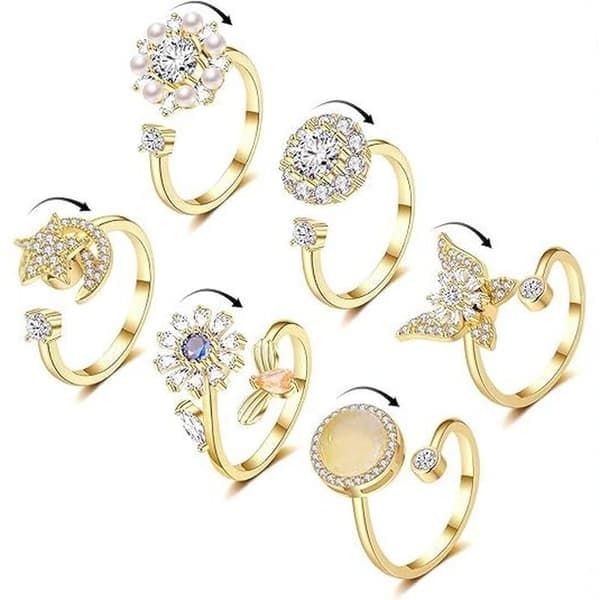 6 Pcs Fidget Anxiety Rings Adjustable Ring Set Adjustable Rings Fidget Rings Anxiety Bead Band, Stackable Gold