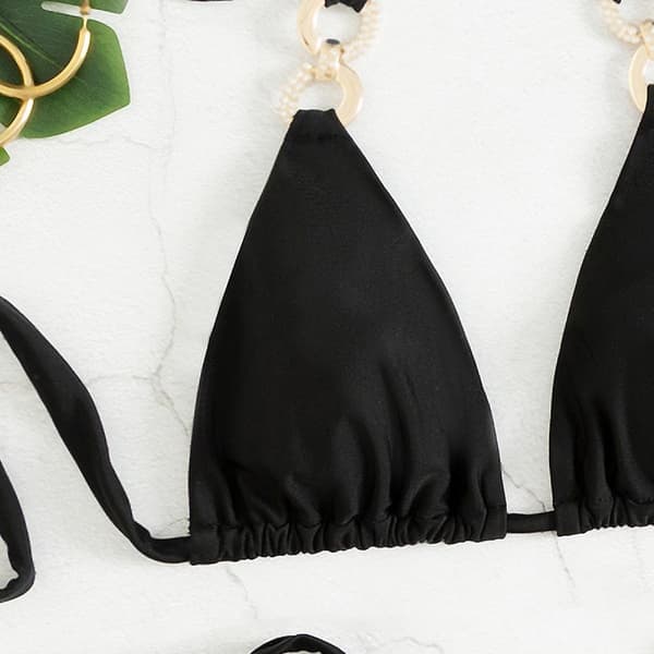 Ribstrikket O-ring Bikini med lav talje og polstring til kvinder, sort, l