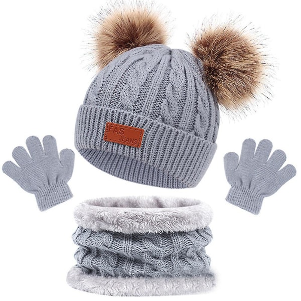 3 stk/sæt Børne Vinter Pompom Beanie Hat Halstørklæde Handsker Sæt Vinter varme gaver Grey