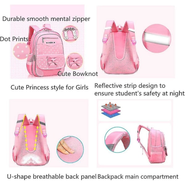 2st Bowknot Wave Point Prints Grundskolebokväska Barn Skolryggsäckset för flickor (rosa)