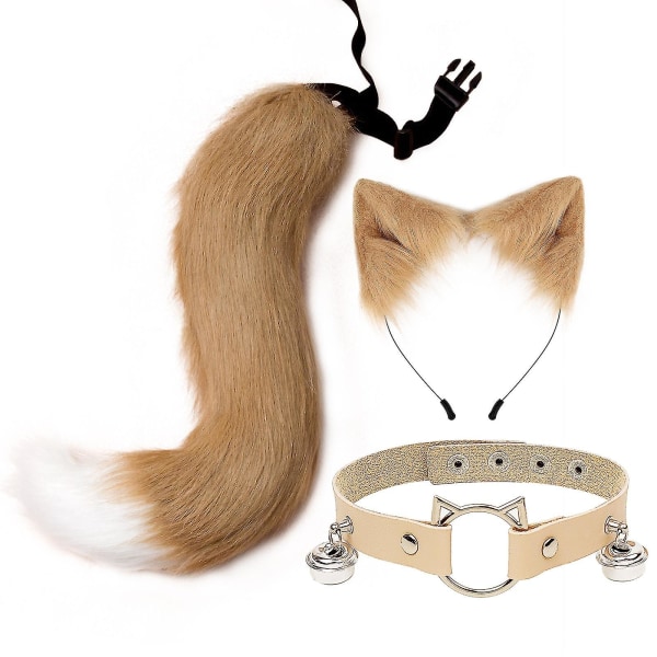 3 stk Cosplay Cat Cute Ears Pannebånd Furry Fox Tail Bell Neck Choker Set Leker Khaki