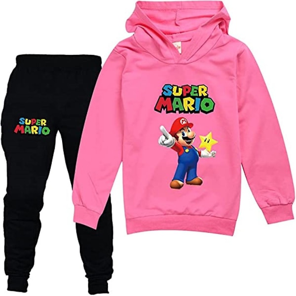 Barn Super Mario Print Hoodie Pullover Sweatshirt Toppar Joggerbyxor Outfit Träningsoverall Set För pojkar Flickor Pink 11-12 Years