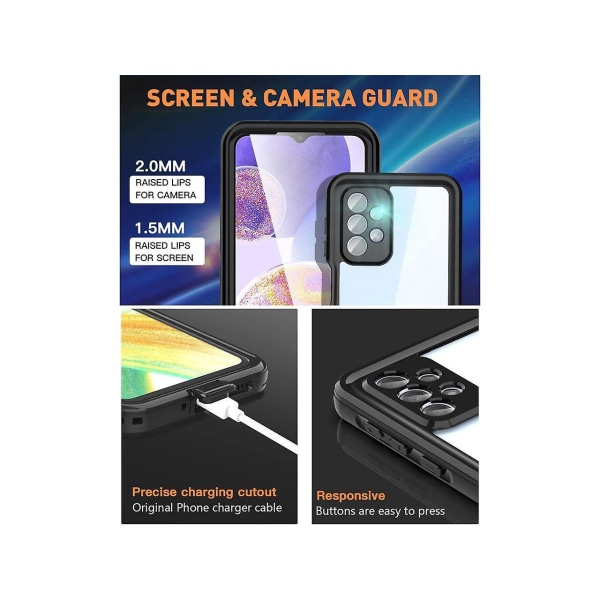 Samsung Galaxy A23 vanntett deksel med innebygd skjermbeskytter, støvtett støtsikkert beskyttende telefondeksel for Samsung A23 4g / A23 5g 6,6 tommer