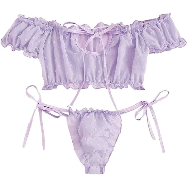 kvinnors self-tie veckade trim jacquard mesh underkläder set sexig bh och trosor