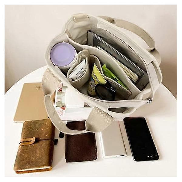 Canvas Multi-Pocket Zipper Bag, Handmade Canvas Material, Multiple Compartments, Multifunctional Women's Bag, Suitable for University, School Green-small