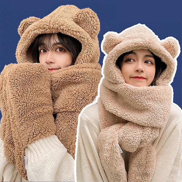 Cute Bear Pehmohattu Huivi Käsineet Set Talven lämpimät Korvahatut naisille Uutuuslakit Casual Solid Fleece Balaclava Mask Tukkumyynti| |