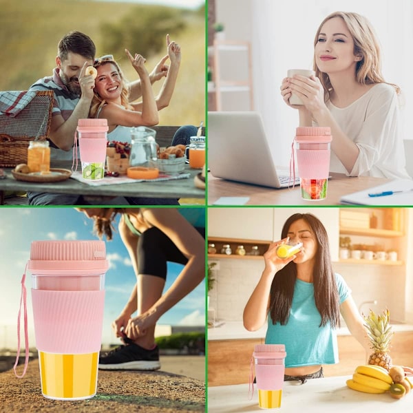 Bærbar juicepresse 300 ml kopp 1500 mah USB-lading Automatisk avstenging Egnet for reiser, kontor, treningsstudio, kjøkken, babymat (10 blader, rosa)