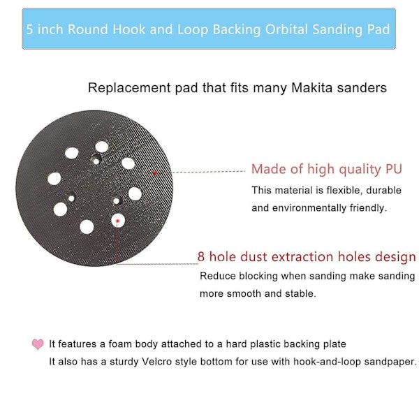Hiomatyyny 125 mm yhteensopiva Makita 743081-8 korvaavan BO5010 kanssa 8 reikää (3 kpl)