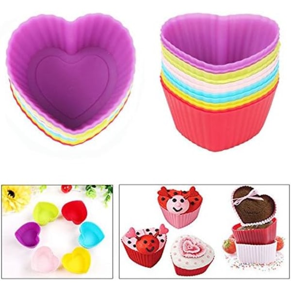 Silikone bagebægre, hjerte-cupcake liners Store genanvendelige muffin kopper, 30 pakker (regnbuefarver)