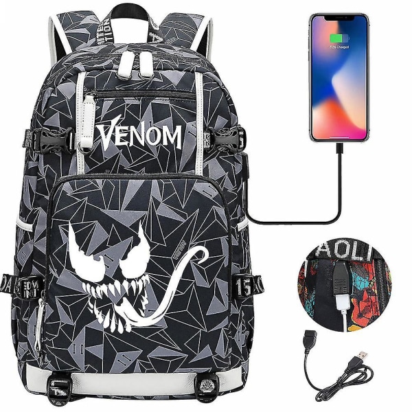 Venom 3d Print USB kannettavan tietokoneen reppu - Nuorten opiskelijalaukku miehille ja naisille - iso matkalaukku - paras koulureppu