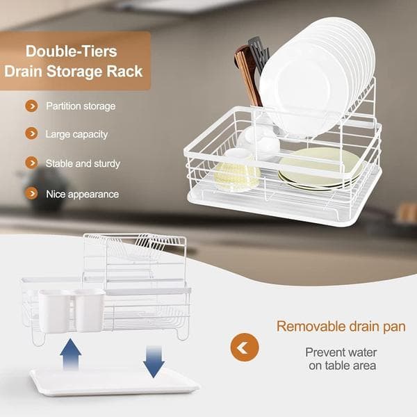 2-Tier Dish Drying Rack Kitchen Counter Plate Drainer Storage Organizer with Drain Board and Cutlery Holder - White White