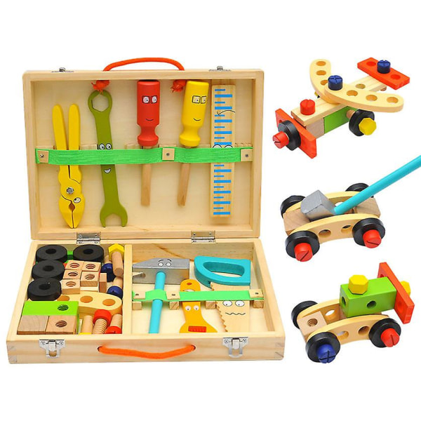 Työkalulaatikko, puinen rakennuslelu lapsille 3 4 5 6 vuotta vanha, luova ja opettava tee-se-itse, pelejä pojille tytöille