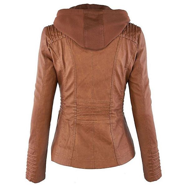 Kvinnor Motorcykel Huva Pu Läder Biker Jacka Kappa Ytterkläder Brown S
