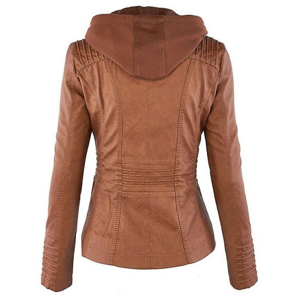 Naisten moottoripyörän hupullinen Pu-nahkainen pyörätakki takki päällysvaatteet Brown XL