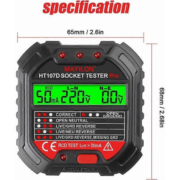 Jordledningstester for stikkontakttester. Stikkontaktfase (EU-regulering HT107D) -