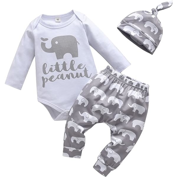 Kläder för baby pojke Höst Vinter Långärmad Romper Print Topp + Byxor + Hatt 3-delat set Gray 3-6 months