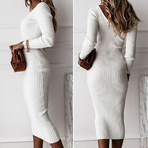 Kvinder Ribstrikket V-hals Langærmet Bodycon Sweater Stretch Slim Fit Midikjole White L