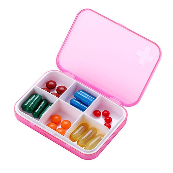 Grid medisinboksSix grid liten medisinboks Multifunksjonell medisinoppbevaringsboks Bærbar medisinboks Pink