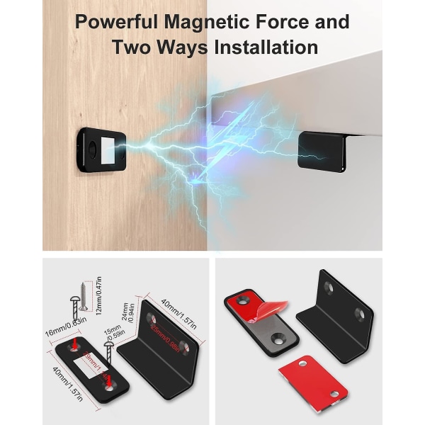 Skabsdørsmagnet Sæt med 4 Ultratynd magnetisk lås Stærk skabsmagnet til skuffedørlukker, skab, møbel, sort