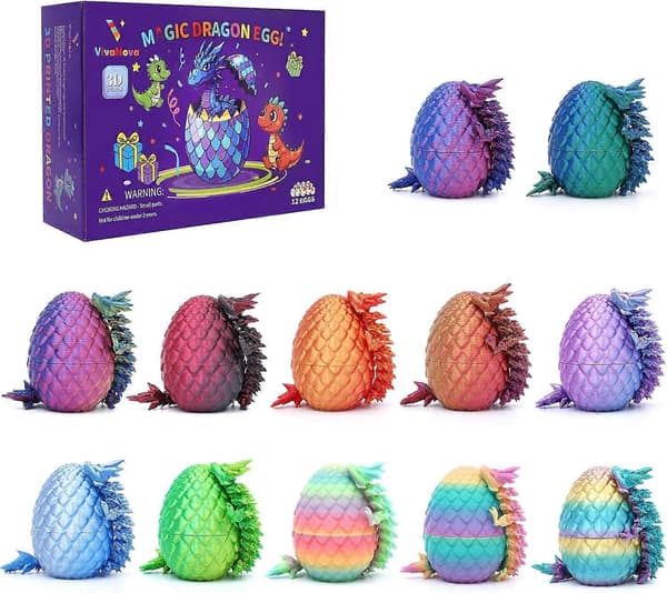 12-pack 3D-printade påskdrakägg, förfyllda påskägg med ledade minidrakar inuti, påskäggsfyllningar, påskkorgsfyllningar för barn