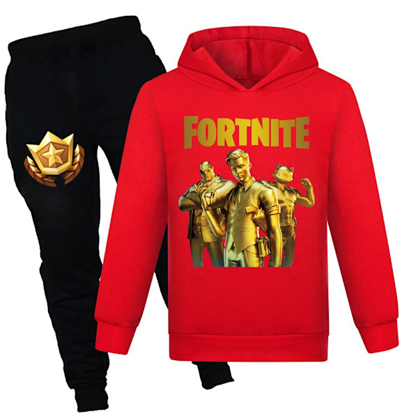 Barn Fortnite Trykket Avslappet Hoodie & Bukser Kostymer Gutter Jenter Hoodie & Bukser Treningsdrakt Sett Svart Svart 160cm Rød Red 140cm