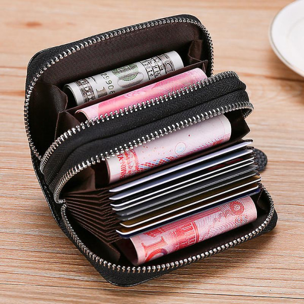 Kredittkortholder i ekte skinn med glidelås damekortveske Rfid-blokkering med glidelås rundt lommebok - svart