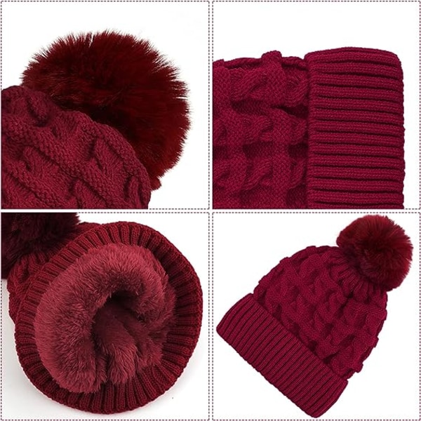 Bobble-hatt för kvinnor Vintermössa-mössor Thermal fleece-fodrad mössa Damstickad ullmössor med fuskpäls Pom Pom Red