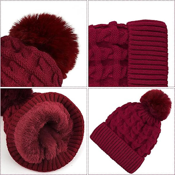 Bobble-hattu naisille Talvipipohatut Thermal fleecevuorattu hattu Naisten neulotut villahatut tekoturkisella Pom Pom Red