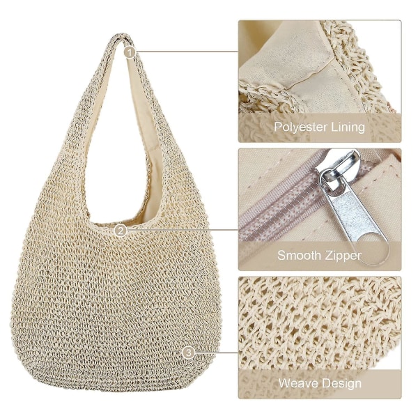 Kvinners Beige Straw Tote Bag - Stor sommerstrandveske med vevde skulderstropper