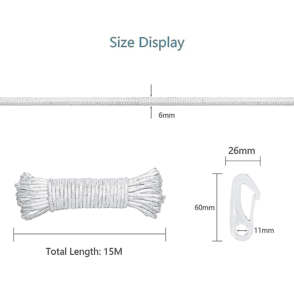 15m 6mm Nylon Flag Reb Flagstang Reb Stænge Flag Fald Line Hvid Flagline Fall Dobbelt flettet med 4 kroge