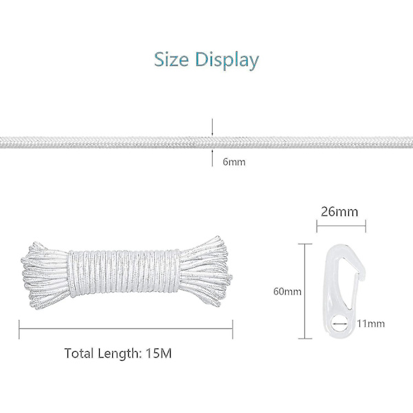 15m 6mm Nylon Flaggrep Flaggstång Rep Stång Flagga Falllinje Vit Flagglinjefall Dubbelflätad med 4 krokar
