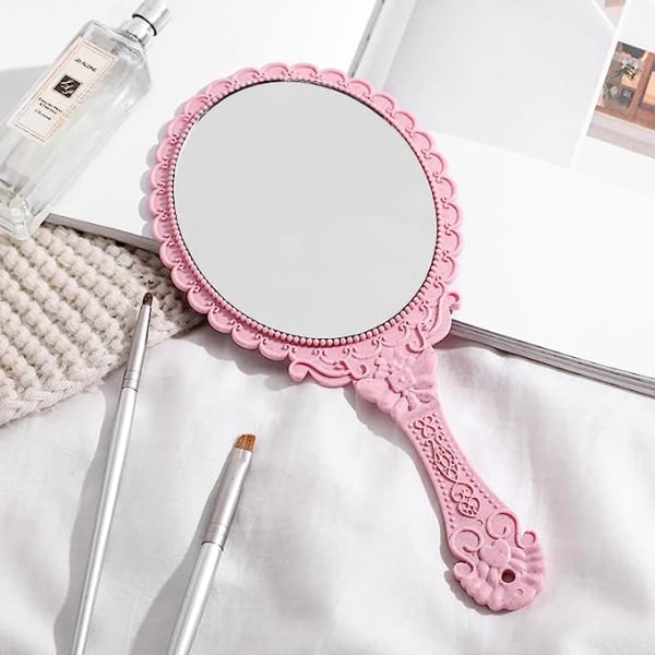 Vintage håndholdt speil, håndholdte dekorative speil for sminke, preget blomsterspeil, sminkespeil reisespeil（rosa）