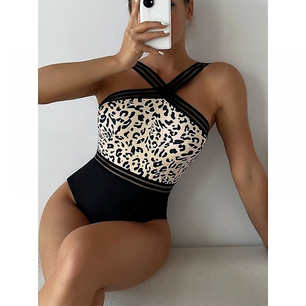 Sexet Beach Summer Backless Dame 1-delt Leopard Højtaljet Bikini, Elastic Back Cross Reb, Sling (l)