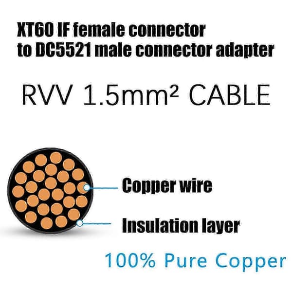 XT60i hun til DC5521 han strømkabel 1,5mm² 15A PVC 100cm 300cm til solcellemodel flystrømforsyning 100cm