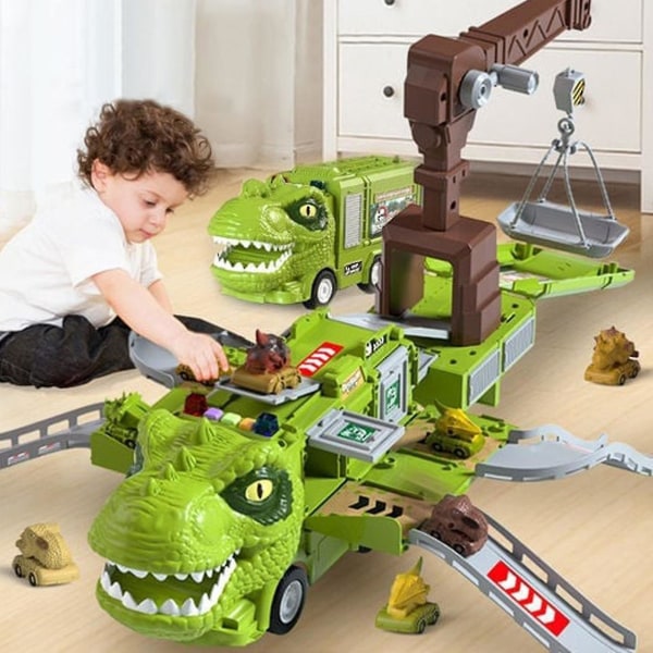 Dinosaur Transforming Engineering Truck Track Lekesett med lys og musikk Gray Tyrannosaurus rex