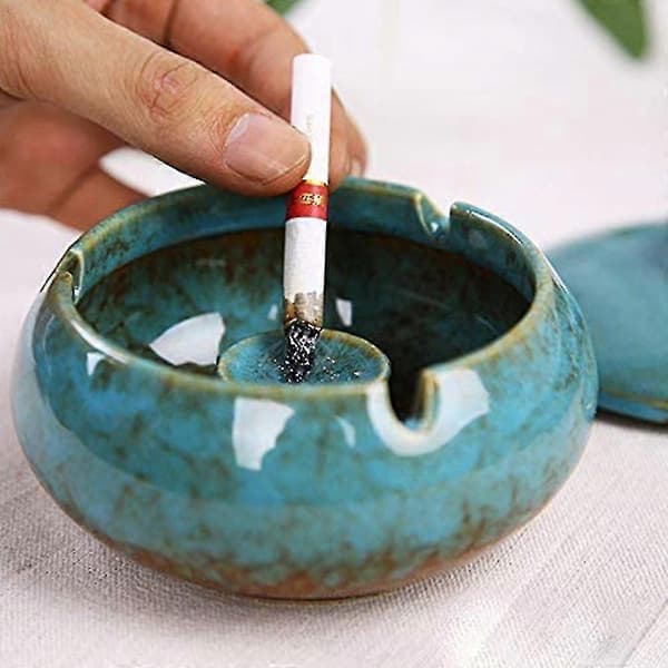 Keramisk askkopp med lock, vindtät, cigarettaskkopp Blue