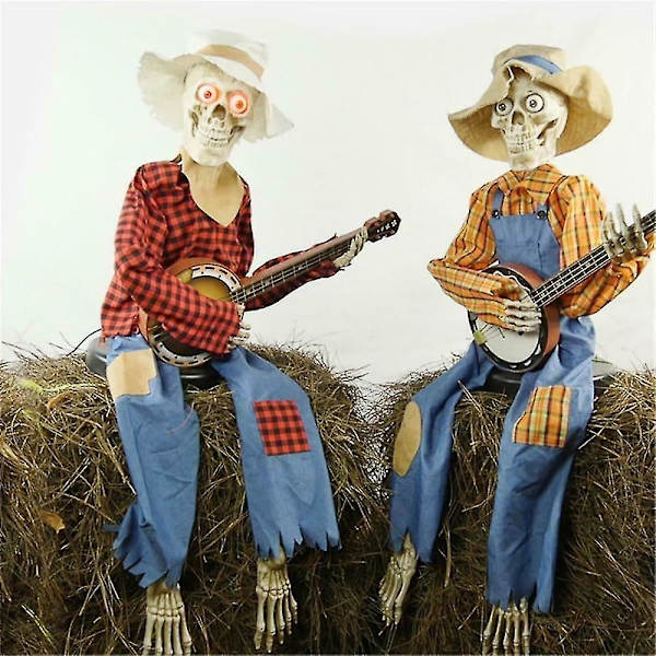Rolig Animerad Duell Banjo Skelett,animerad Rörelse/ljud Aktiverad Musikal Flerspråkig Banjo Skelett Duo Halloween Höst Inomhus Decor-mxbc Red Luminous