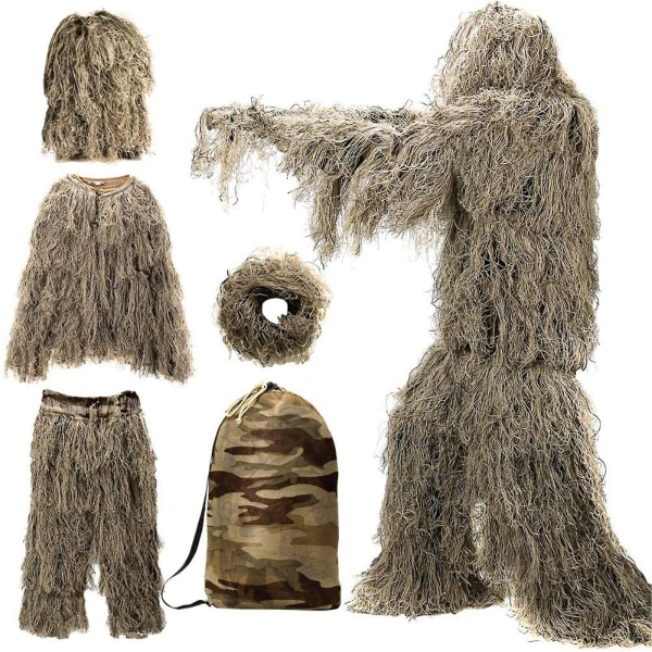 Black Friday -tarjoukset Yllätys 5 in 1 Ghillie-puku, 3D-naamiointimetsästysvaatteet, mukaan lukien takki, housut, huppu, kantolaukku Brown 1.6m