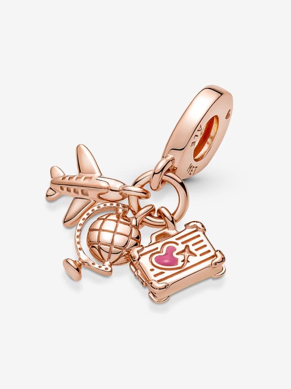 Pandora - Airplane, Globe & Suitcase Triple Dangle Charm - 14k Rose Gold Plating