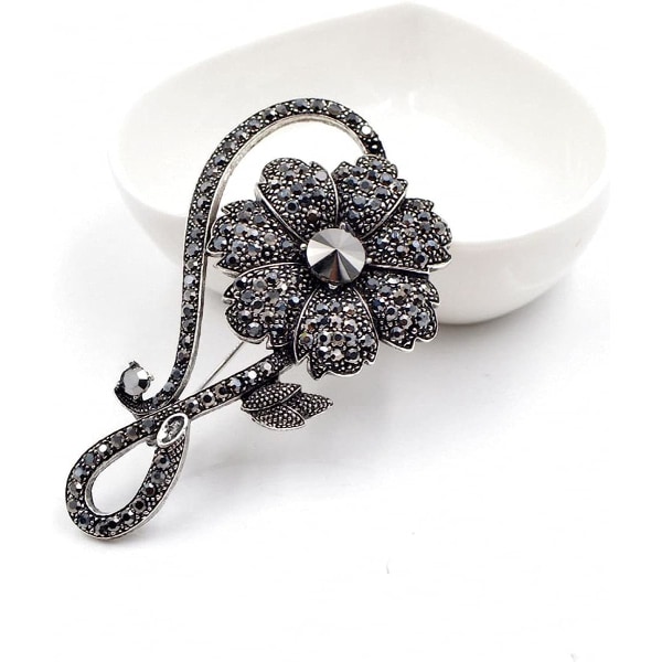Rhinestone Black Flower Brochers Kvinder Vintage Antik Sølv Broche Pin Elegant Udsøgte Brocher
