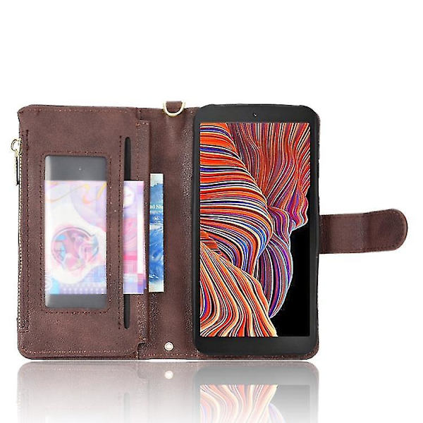 Til Samsung Galaxy Xcover 5 Litchi Texture Lædertelefontaske med lynlås Brown