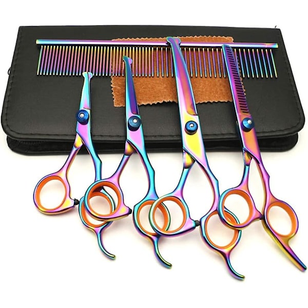 Favson Pet Grooming Sax Set Rund Spets, Pet Trimmer Kit - Effiling Sax, Böjd Sax, Comb Läder Box