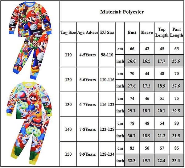 Super Mario Bros Pyjamas Set för Barn 4-9 År - Pyjamas Sovkläder Pyjamas Outfit Presenter B B 8-9Years