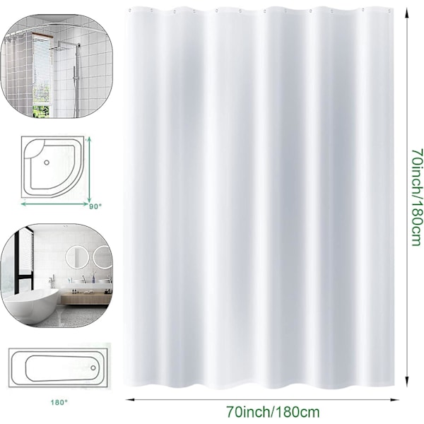 Hvid bruseforhæng lavet af vandtæt og skimmelresistent stof, maskinvaskbar, med 12 kroge og vægtet underkant, 180x200cm
