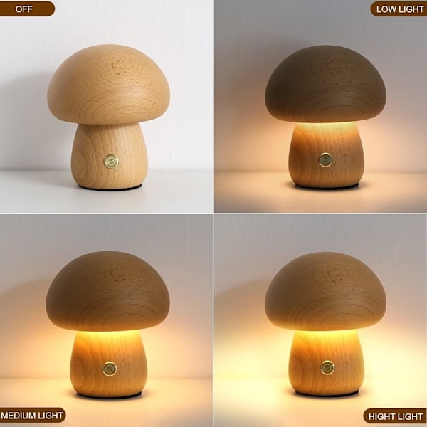 Svamp Lampe, 3 Farver USB Dæmpbar Sengelampe med Touch-kontrol, Vintage Træbordlampe til Soveværelsesdekoration
