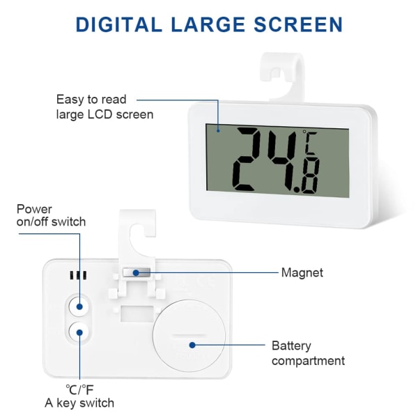 Kjøleskapstermometer digitalt, kjøleskapstermometer, LCD digitalt vanntett kjøleskap og fryser termometer med stående (hvit)