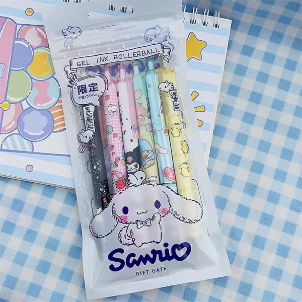 Jinzhaolai Cute Cartoon Sanrio Student Gel Pen 6 pakker med høyverdi jenter hjertepressepenn Cute Bear Mymelody Kuromi Cinnamoroll Pen